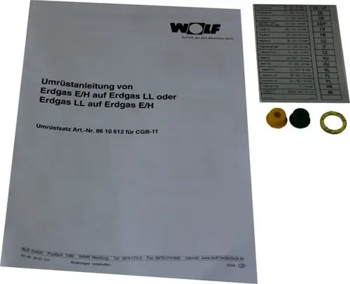Anleitung zur Umrüstung von Erdgas E/H auf Erdgas LL und umgekehrt, mit Zubehörteilen in Grün, Gelb und Schwarz. Marke Wolf.